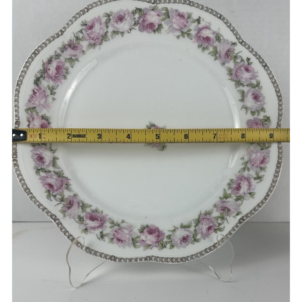 Z.S. & Co Mignon 9.75" Scalloped Dinner Plate Pink Rose Wreath Bavaria 1890's